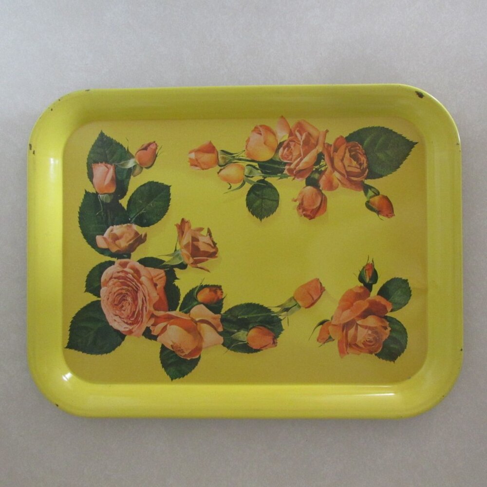 VINTAGE METAL TRAY YELLOW PEACHY PINK ROSES RECTANGLE SERVING SHABBY CHIC COTTAG - Picture 4 of 6
